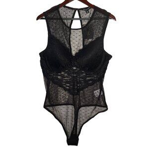INC International Concepts XXL Sheer Black Lace Bodysuit Swiss Dot Mesh Feminine